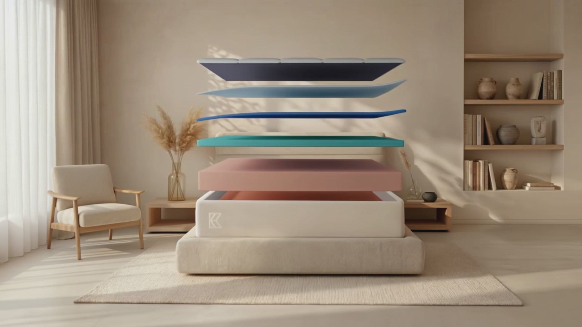 Keetsa Supreme soft memory foam mattress animation: separated layers float above an upholstered platform bed in a sunlit neutral bedroom, then settle into the finished 12-inch coil-free mattress as warm evening light fills the room.