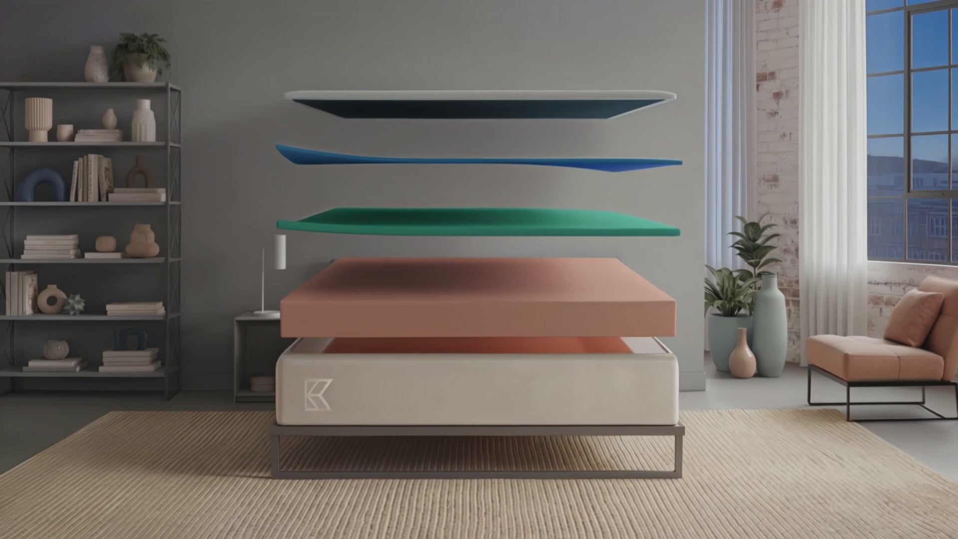 Keetsa Cloud firm memory foam mattress animation: separated layers float above a metal platform bed in a bright bedroom, then settle into the finished 10-inch coil-free mattress as the room shifts to evening light.