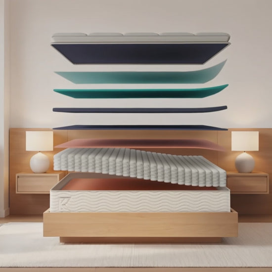 Keetsa Pillow Plus medium firm hybrid mattress animation: separated foam and individually wrapped coil layers float above a wood platform bed, then settle into the finished 11-inch pillow top mattress as the bedroom shifts to evening.