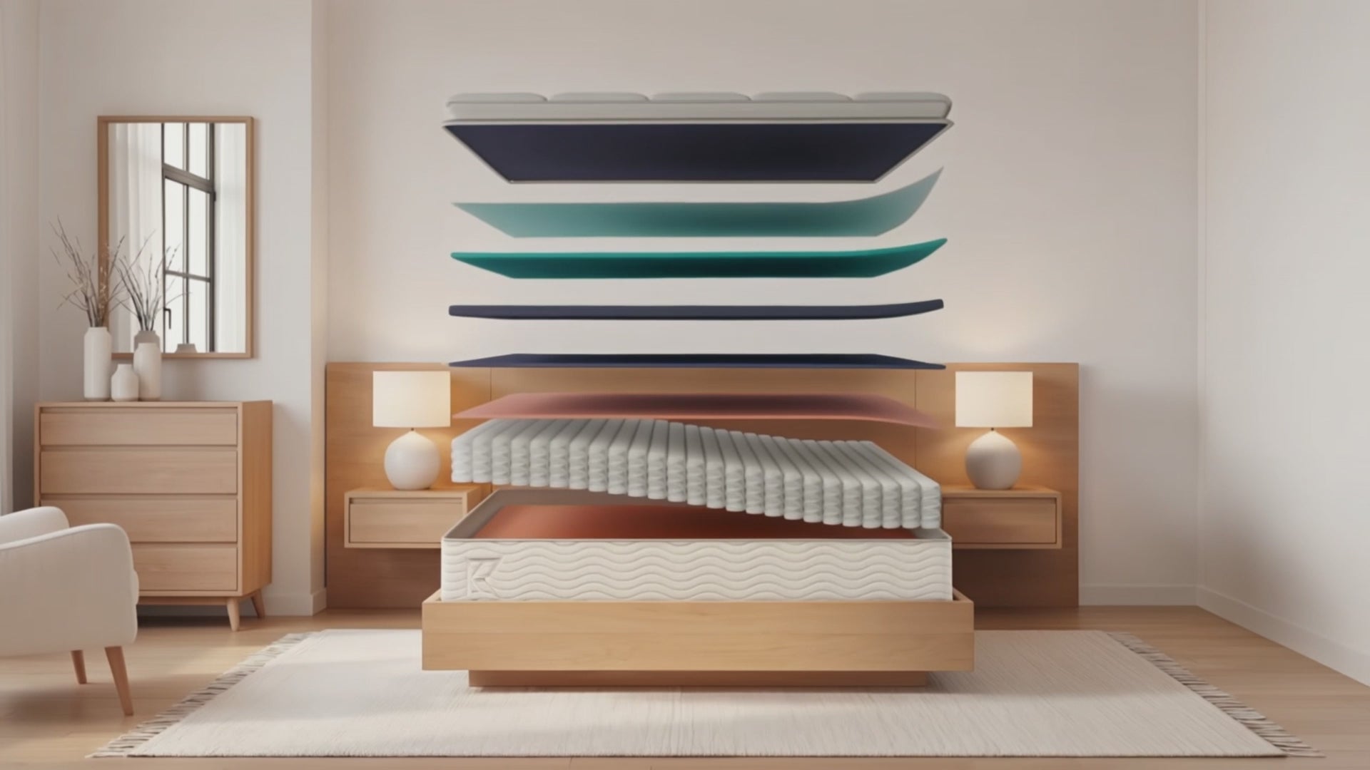 Keetsa Pillow Plus medium firm hybrid mattress animation: separated foam and individually wrapped coil layers float above a wood platform bed, then settle into the finished 11-inch pillow top mattress as the bedroom shifts to evening.