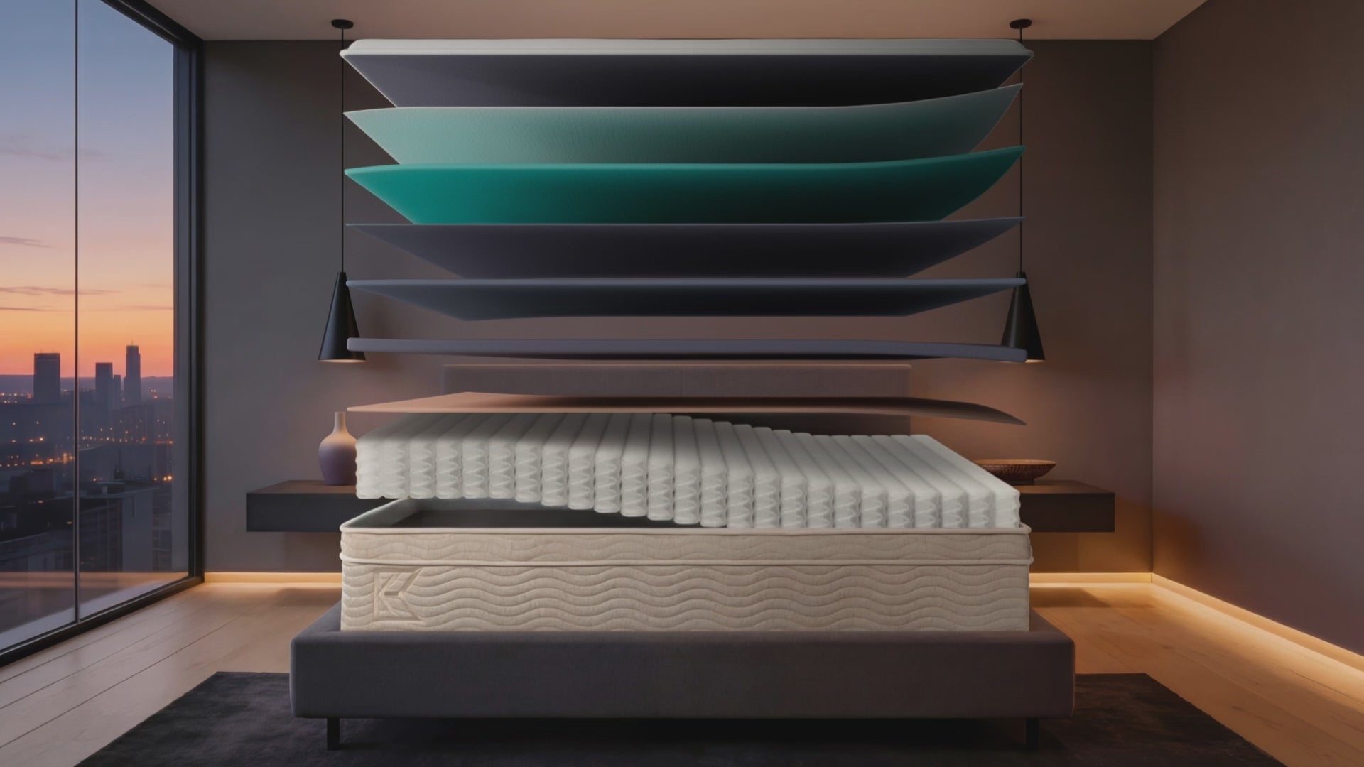 Keetsa Classic firm hybrid mattress animation: separated foam and individually wrapped coil layers float above a gray upholstered platform bed, then settle into the finished 13-inch mattress in a city bedroom at dusk.