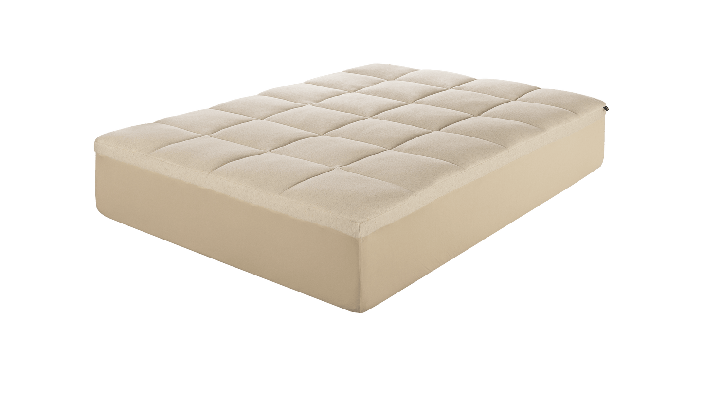 Keetsa Luxurious Comfort Layer angled view highlighting its quilted, cushioned top and supportive base construction, crafted to elevate mattress comfort with a soft, cloud-like feel.