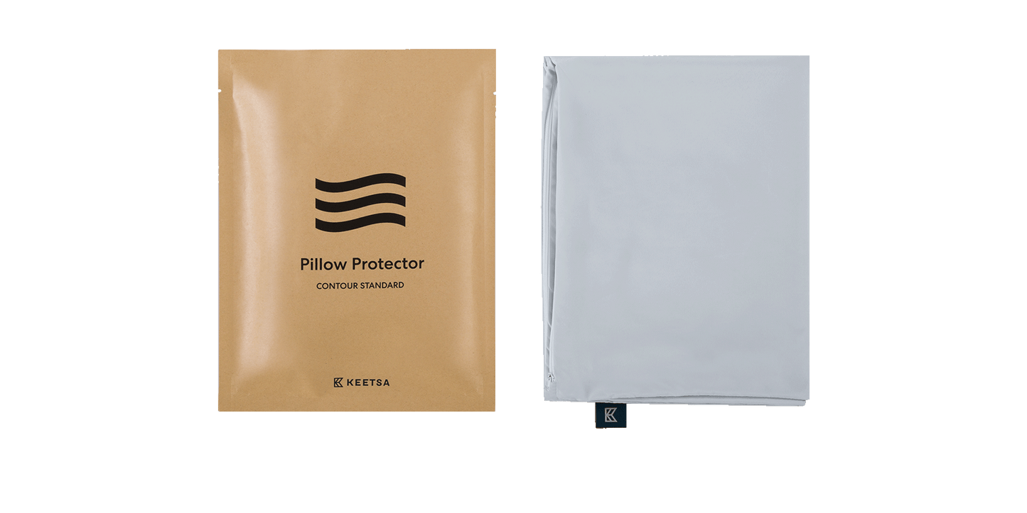 Keetsa Anti-Mite and Sweat-Resistant Pillow Protector packaging labeled “Pillow Protector Contour Standard” with included white zippered cover, designed to fit contour pillows and provide breathable protection against dust mites and sweat