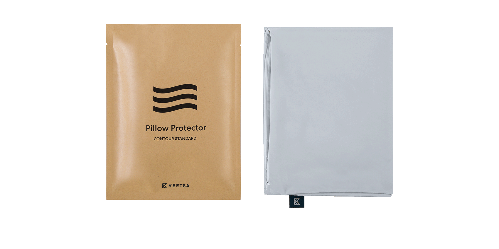 Keetsa Anti-Mite and Sweat-Resistant Pillow Protector packaging labeled “Pillow Protector Contour Standard” with included white zippered cover, designed to fit contour pillows and provide breathable protection against dust mites and sweat