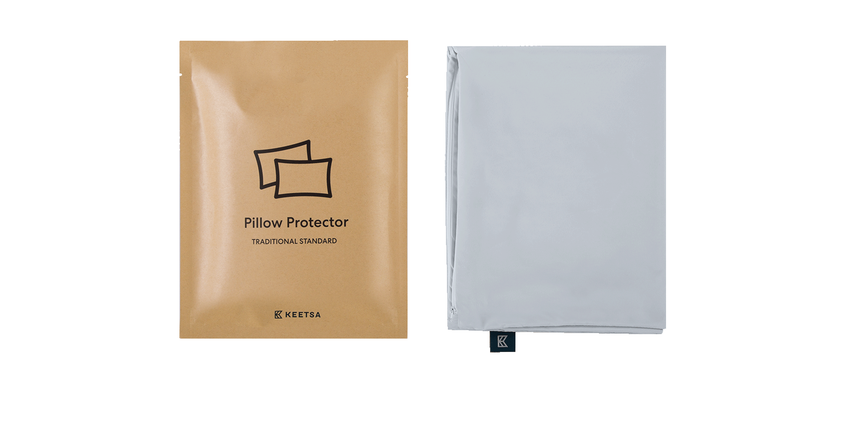 Keetsa Anti-Mite and Sweat-Resistant Pillow Protector packaging labeled “Pillow Protector Traditional Standard” with white zippered cover, designed to fit traditional pillows and help protect against dust mites and moisture.
