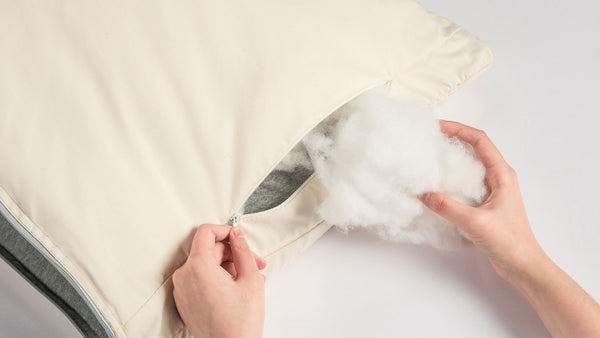 product_image_Pillow Adjust Height - fiber filling can be added or removed by opening the small, inner, side zipper inside the grey outer cover. 