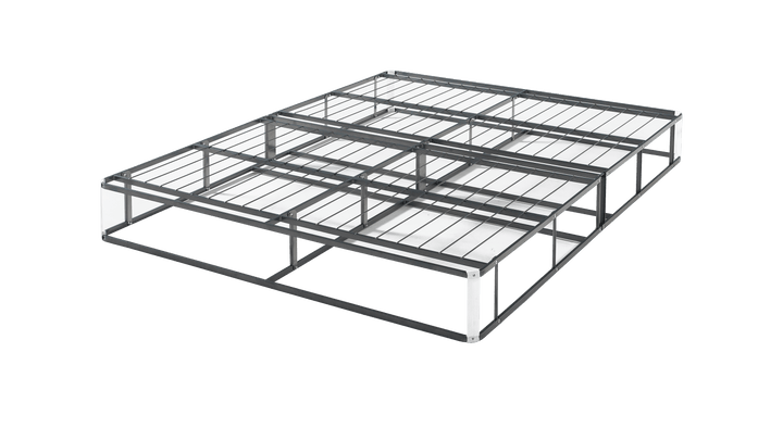 The Base - Steel Box Spring black metal platform frame with wide-set steel slats and reinforced center beam, built for durable mattress support, reduced motion transfer, and generous under-bed clearance.