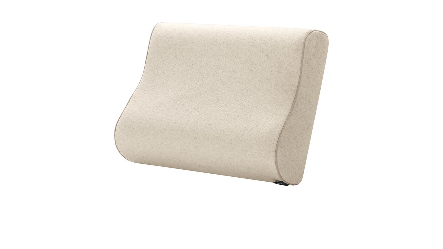 Keetsa Tea Leaf Contour Pillow angled side view emphasizing its ergonomic wave shape and supportive core, crafted to cradle the head and stabilize the neck for enhanced alignment and balanced comfort throughout the night.
