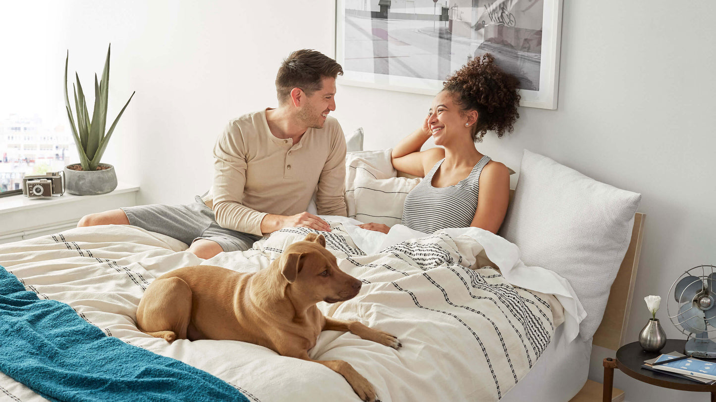 Tea Leaf Dream® mattress shown in a bright bedroom with a smiling couple and their dog, highlighting a quilted pillow-top surface and wave-stitched sides designed to deliver supportive comfort and a cozy, everyday sleep experience.