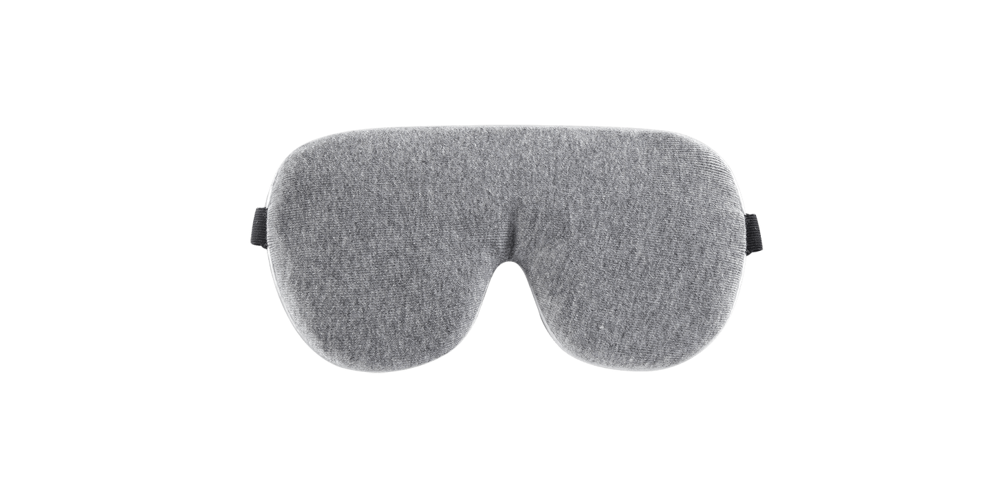 Keetsa sleep eye mask front view showing heather gray jersey knit side with soft padded contour design, nose bridge cutout, and dark strap tabs on each side.