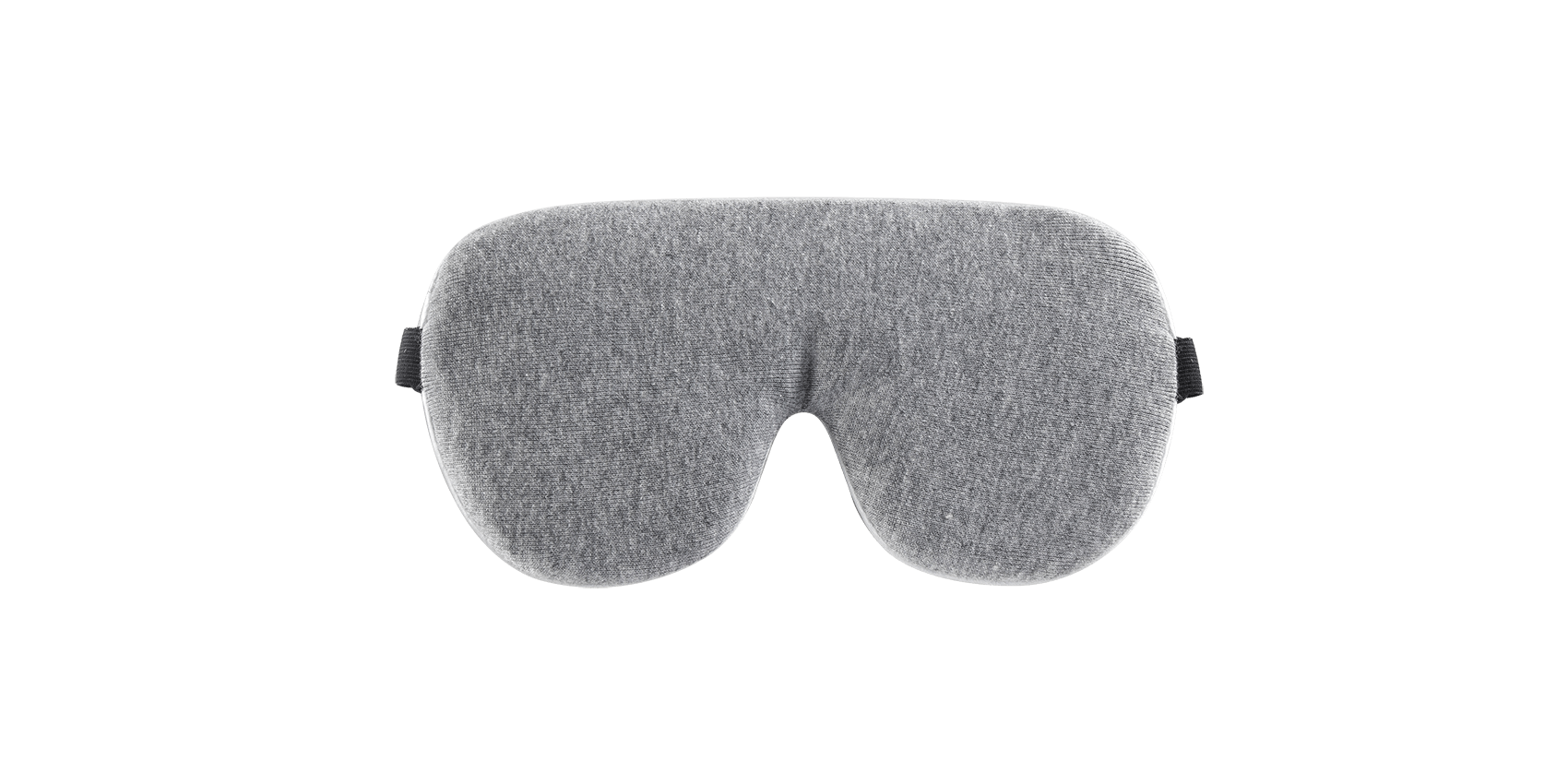 Keetsa sleep eye mask front view showing heather gray jersey knit side with soft padded contour design, nose bridge cutout, and dark strap tabs on each side.