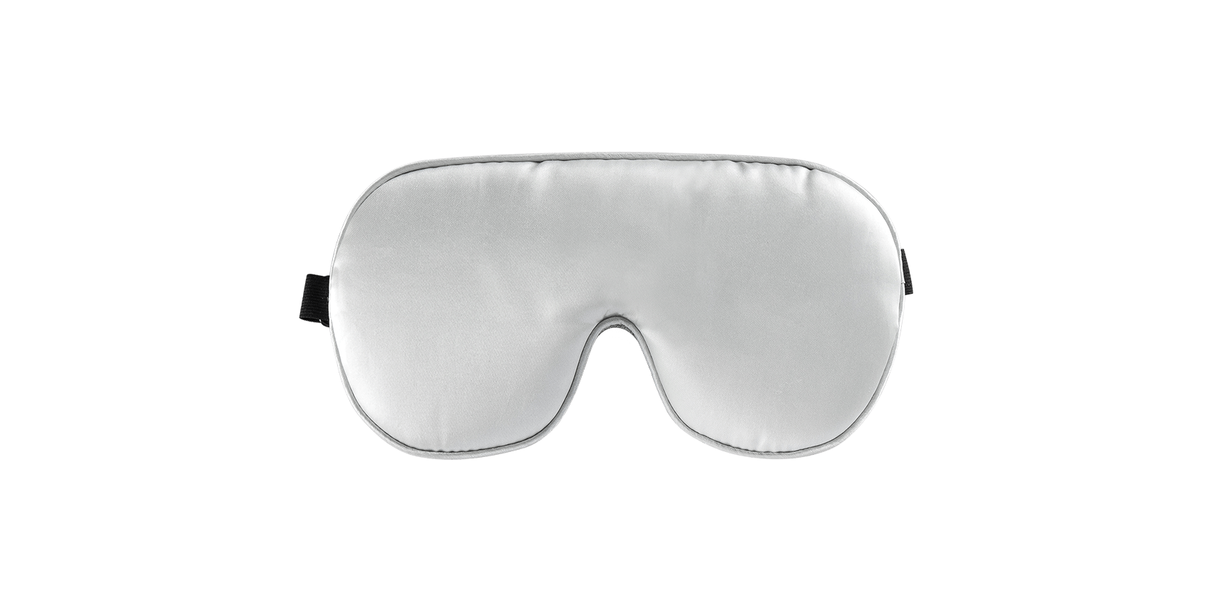 Keetsa sleep eye mask front view showing smooth silver satin side with contoured nose bridge cutout and black adjustable strap tab on the side.