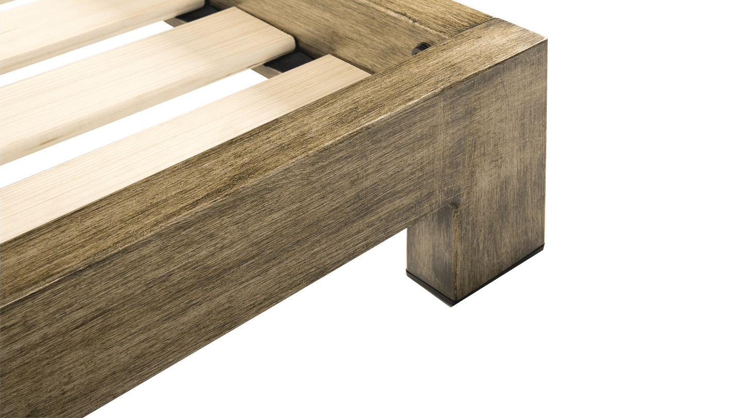 Zinus Toby & Molly pet bed frame close-up corner detail showing rustic natural wood grain finish, sturdy joinery construction, wooden slat support, and square block leg.