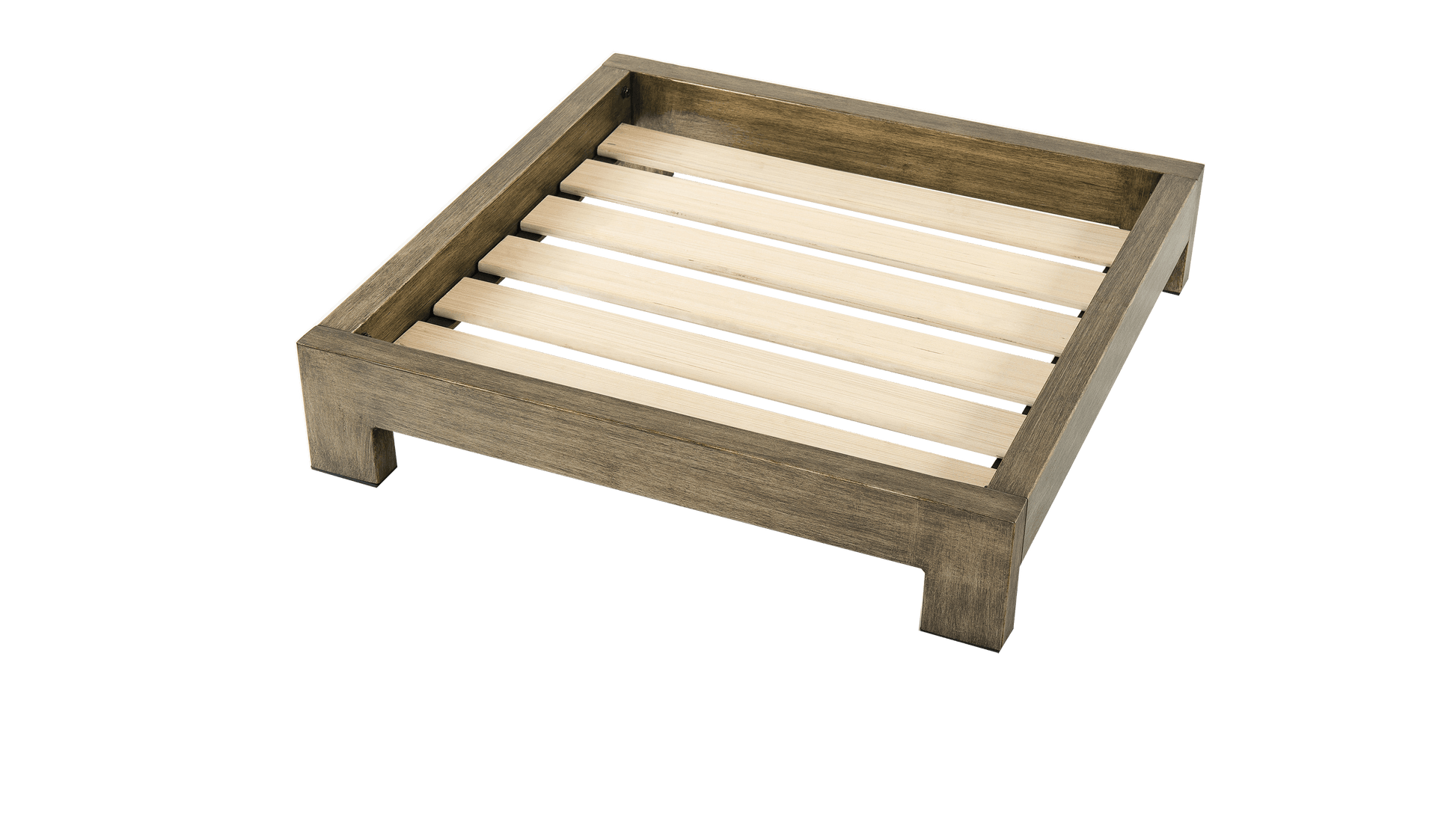 Zinus Toby & Molly pet bed elevated wood frame in rustic finish, three-quarter view showing slatted platform base with raised edges and four square legs without cushion.