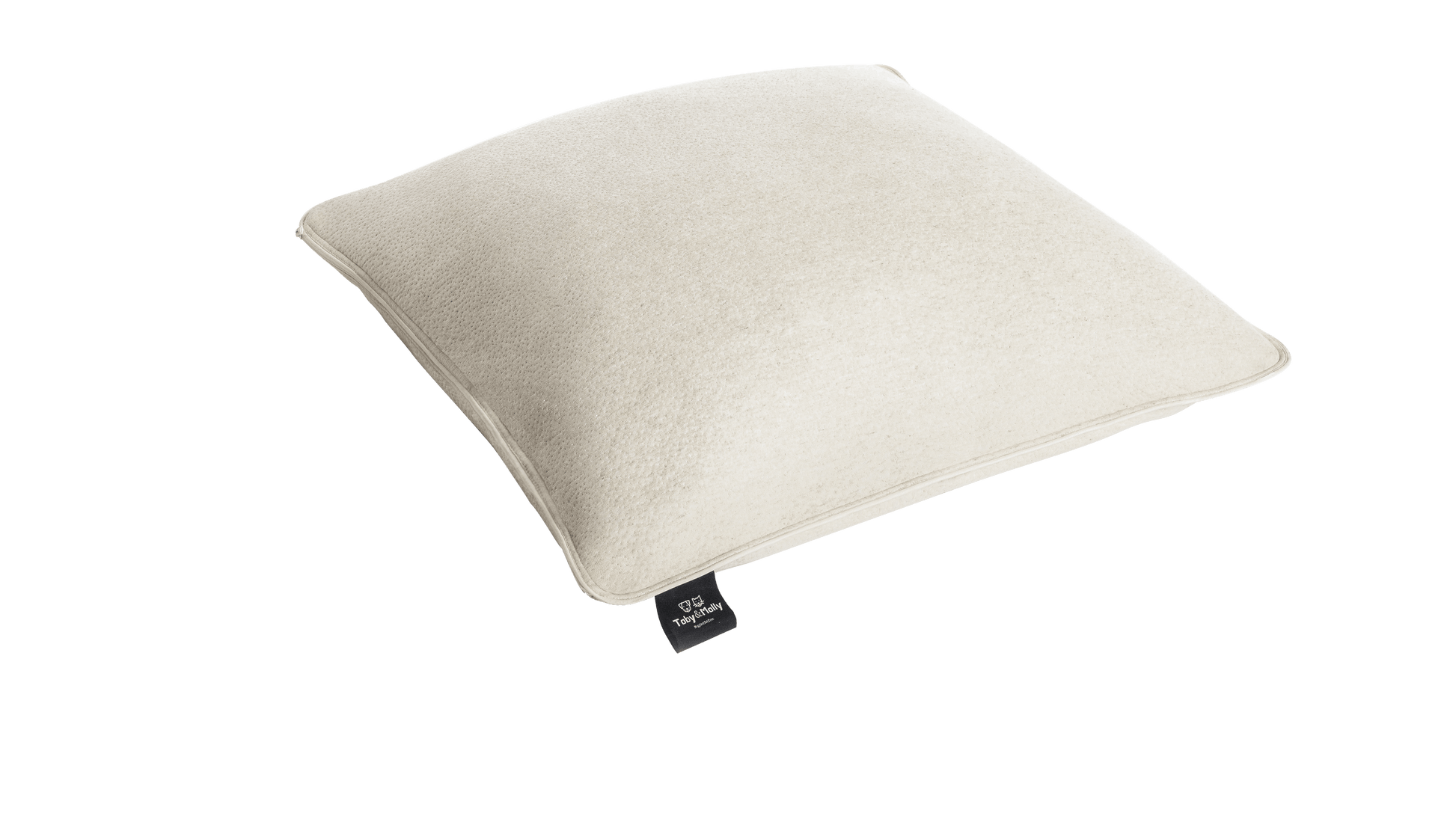 Zinus Toby & Molly pet bed cushion in natural cream with textured hemp-blend cover, piped edges, and branded Toby & Molly tag, shown at an angle highlighting plush loft.
