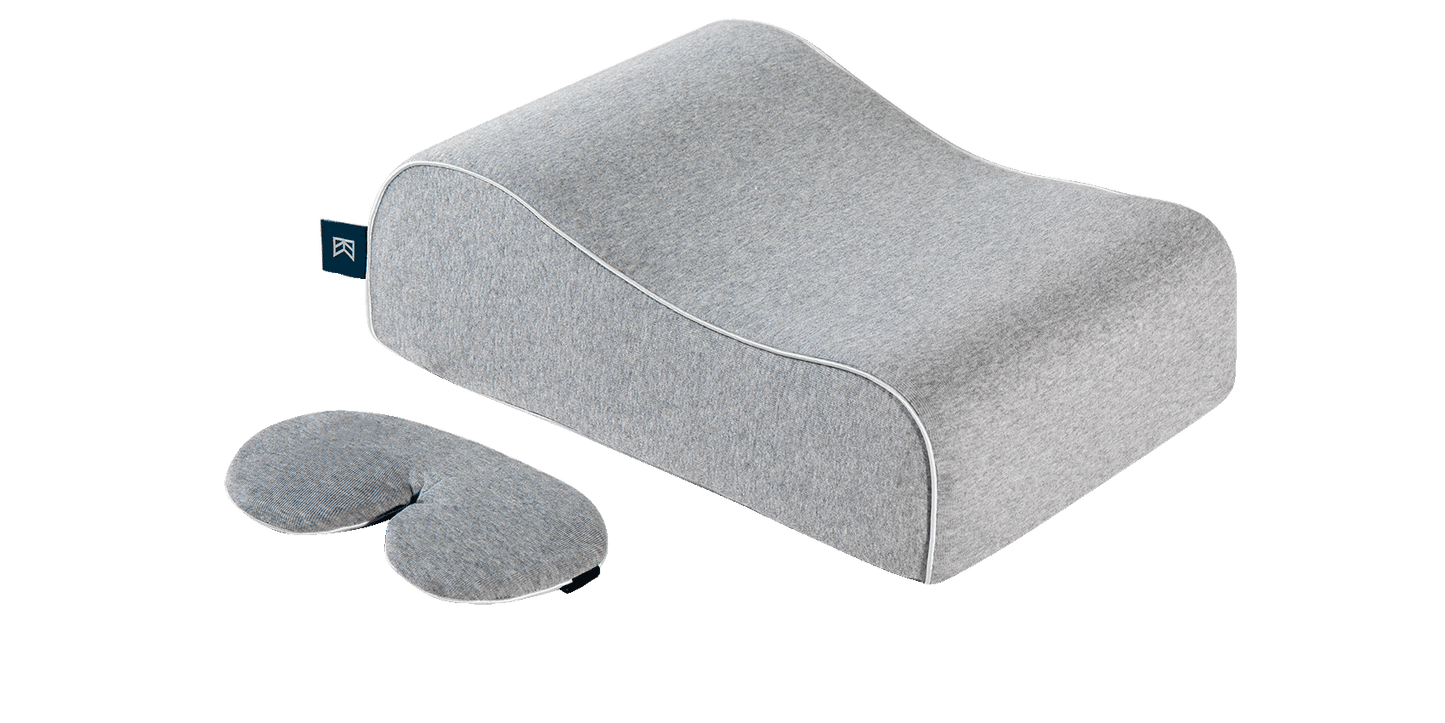 Keetsa Siesta pillow set in heather gray featuring contoured memory foam pillow with white piping and matching sleep eye mask, showing complete travel sleep kit accessories.