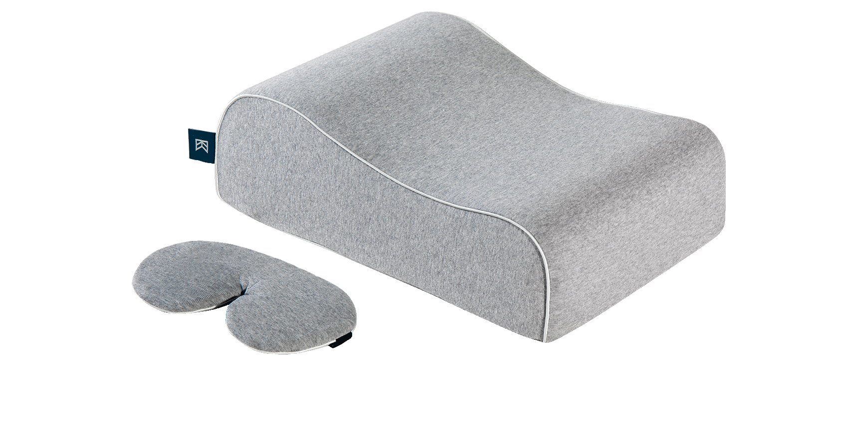 Keetsa Siesta pillow set in heather gray featuring contoured memory foam pillow with white piping and matching sleep eye mask, showing complete travel sleep kit accessories.