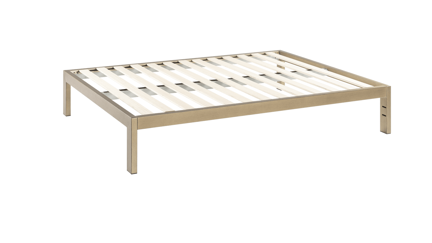 Keetsa The Frame bed frame in gold brushed finish, three-quarter overhead angle showing complete wooden slat platform with four square steel legs and elevated open design.