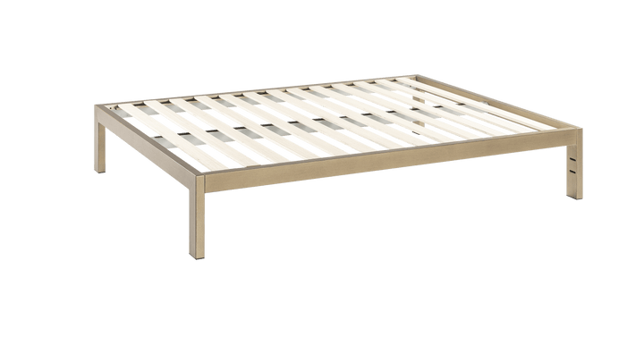 Keetsa The Frame bed frame in gold brushed finish, three-quarter overhead angle showing complete wooden slat platform with four square steel legs and elevated open design.