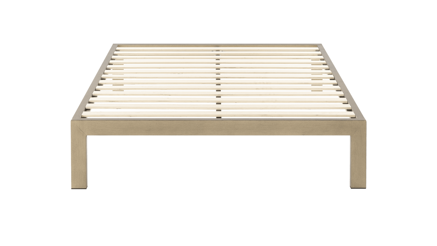 Keetsa The Frame bed frame in gold brushed finish, front view displaying full wooden slat layout with center support rail, wide square legs, and clean minimal steel profile.