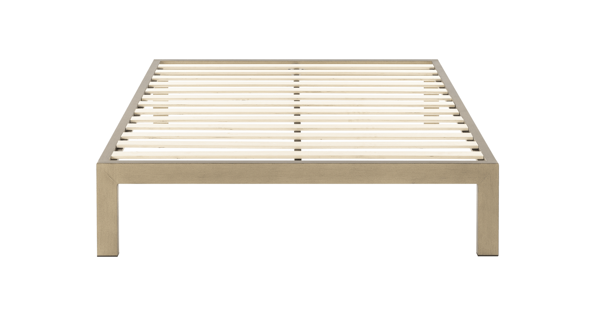 Keetsa The Frame bed frame in gold brushed finish, front view displaying full wooden slat layout with center support rail, wide square legs, and clean minimal steel profile.